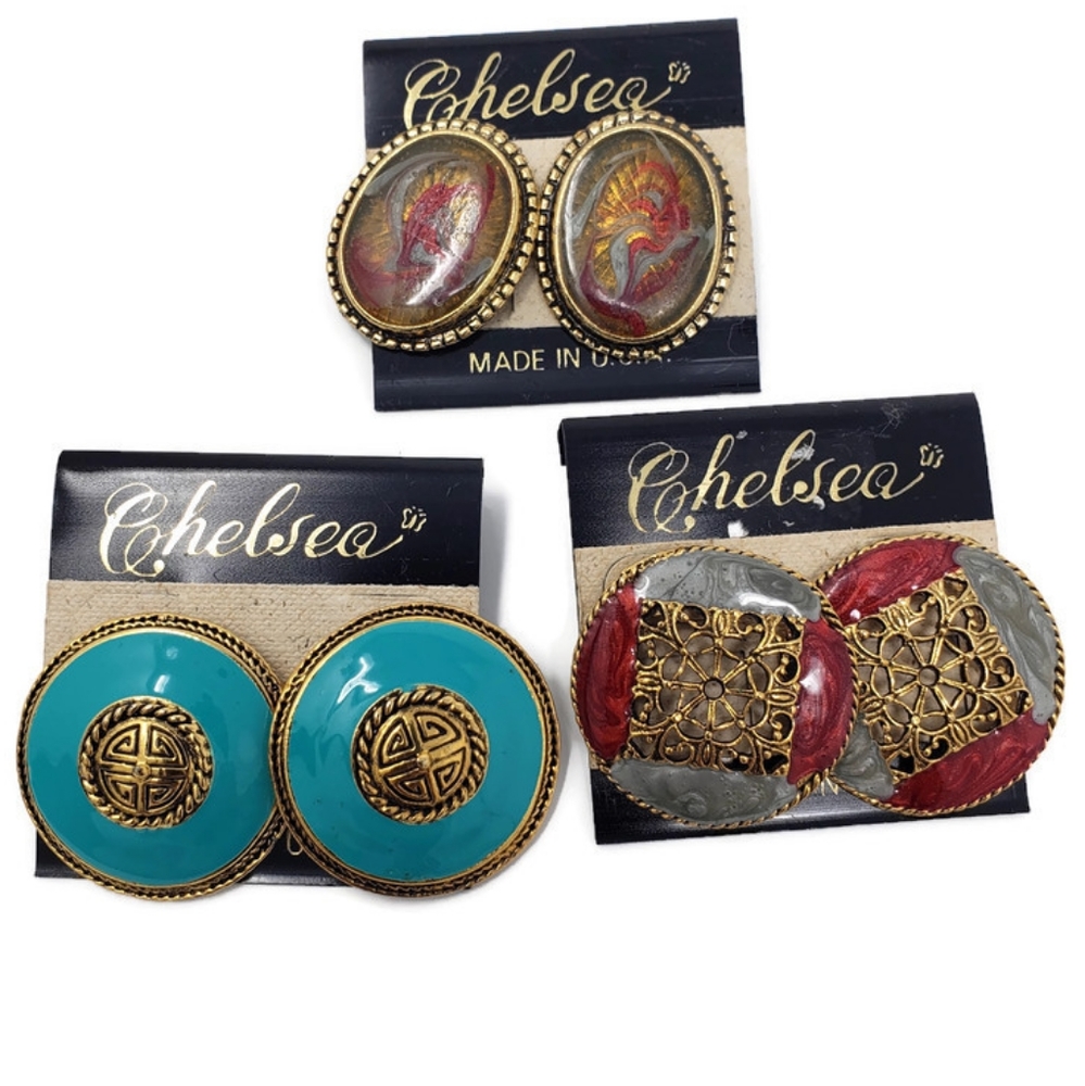 Lot of 3 Chelsea vintage earrings filigree enemal